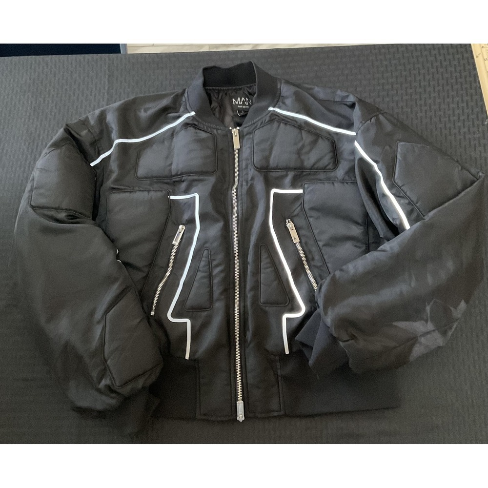 BoohooMAN Jacket Mens Small Black Padded Reflective Trim Bomber Zip Pockets